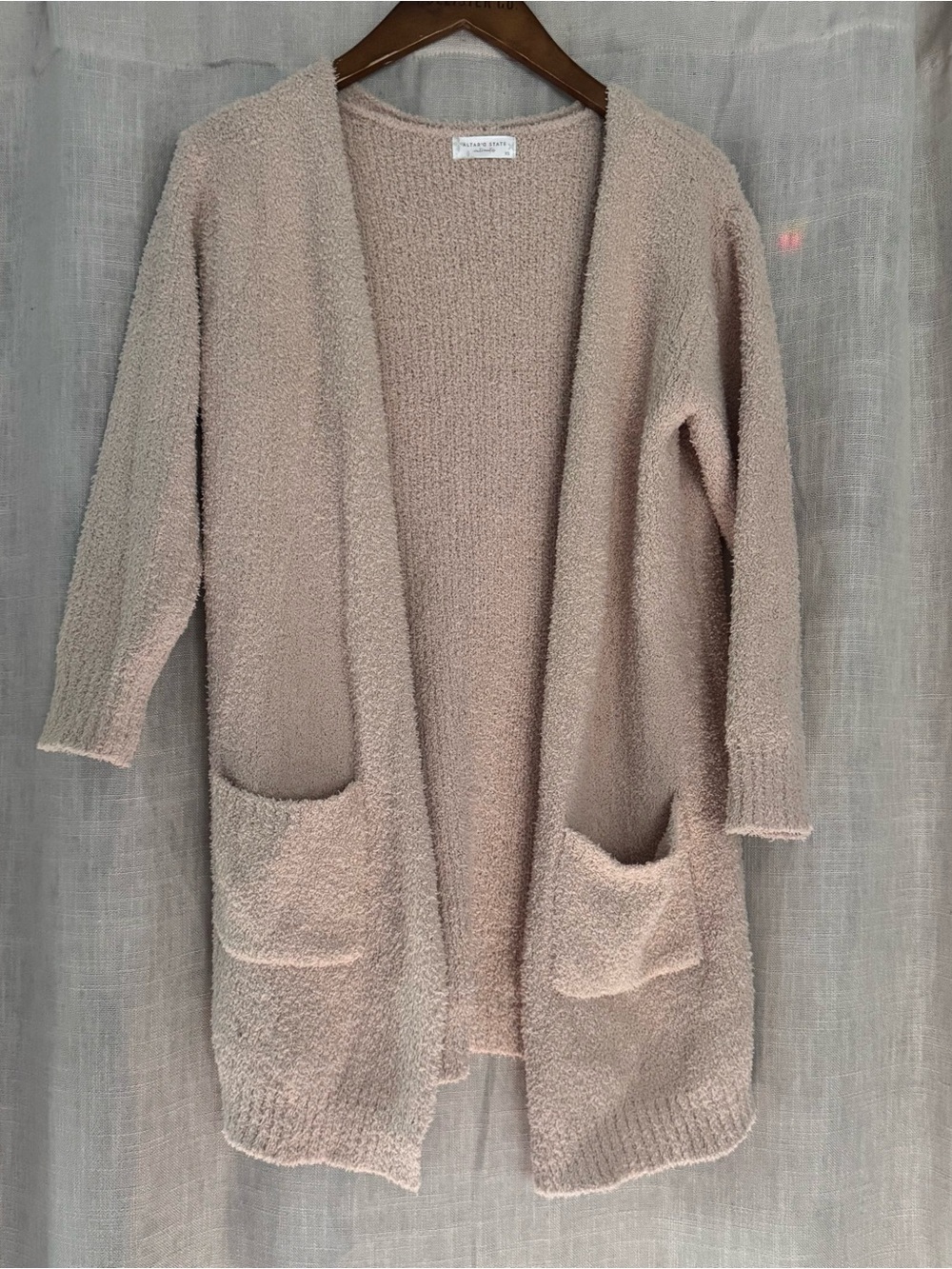 Altar’d state light tan fuzzy mid length cardigan size XS